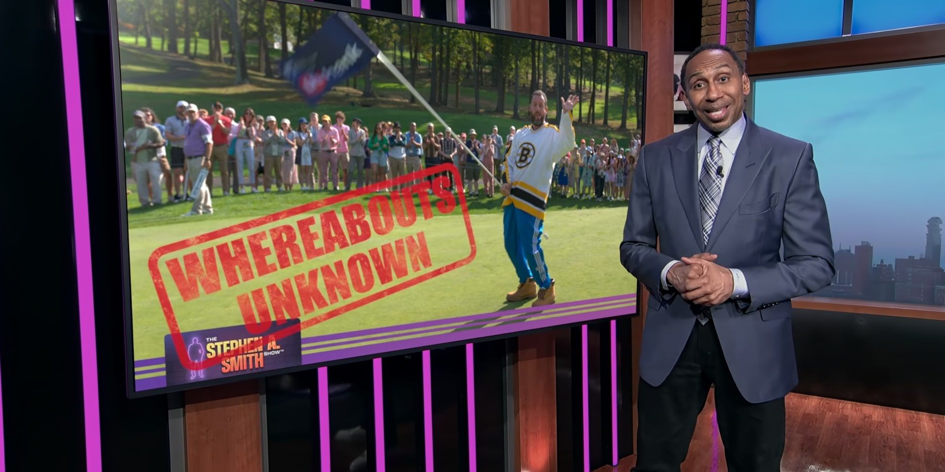 Stephen A. Smith next to a picture of Happy in Happy Gilmore 2