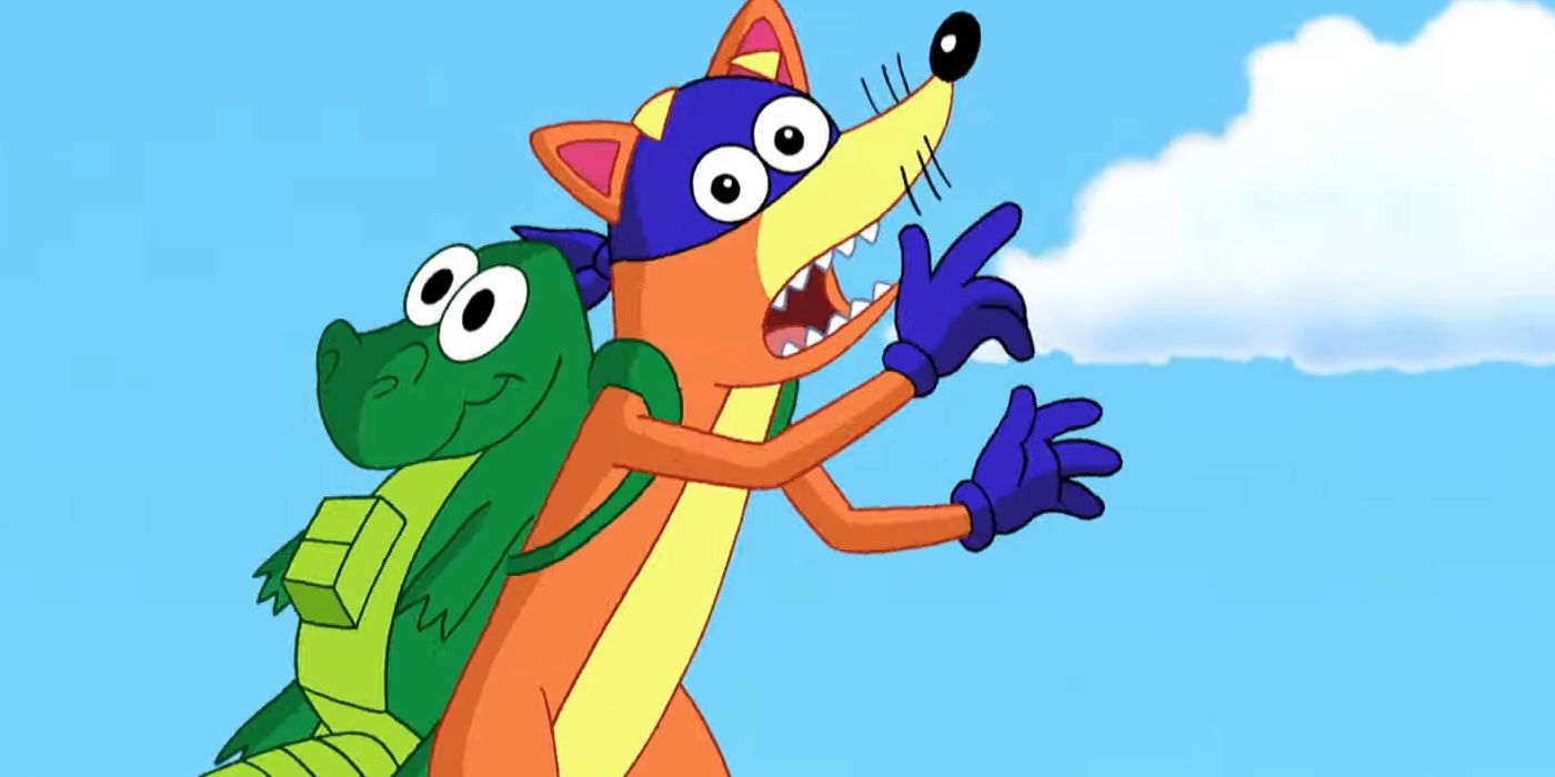 Swiper looking panicked while wearing a jet pack in Dora the Explorer