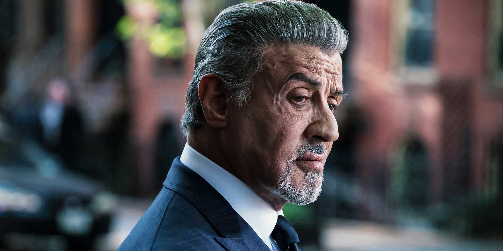 Sylvester Stallone looking somber as Dwight in Tulsa King