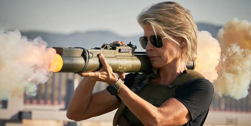 Sarah Connor (Linda Hamilton) wielding a rocket launcher in Terminator Dark Fate