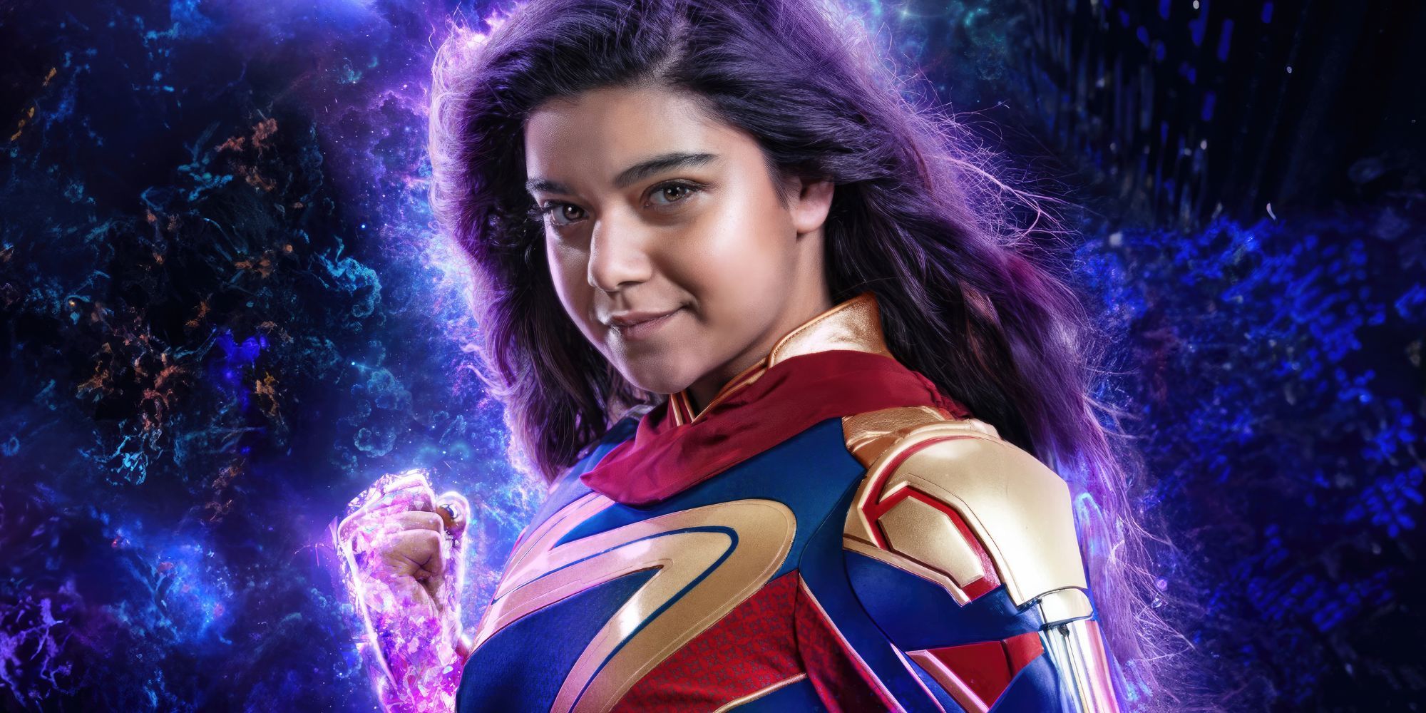 Iman Vellani suited up as Ms. Marvel with her powers glowing