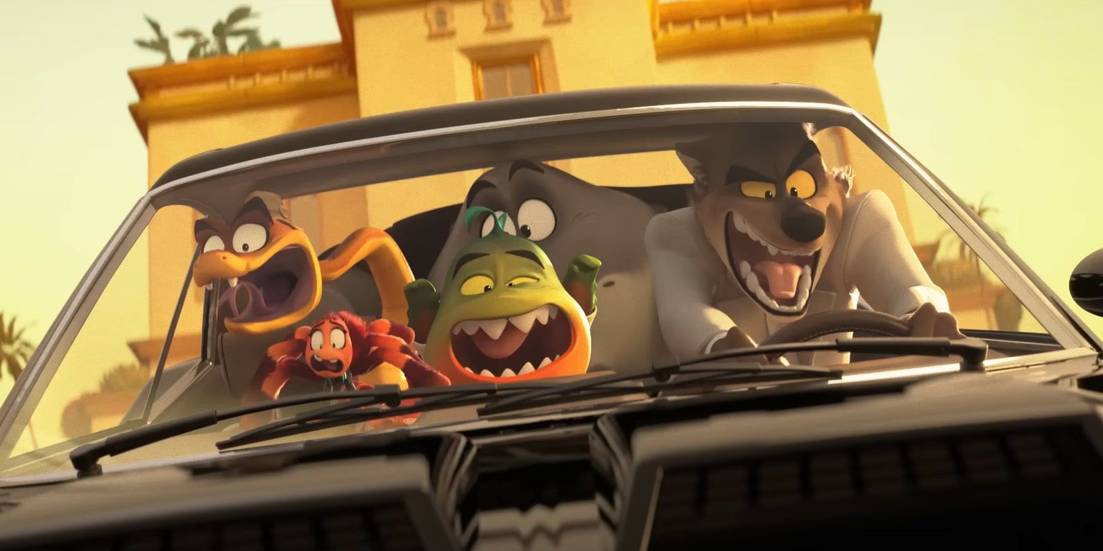 The Bad Guys in a car screaming in The Bad Guys 2
