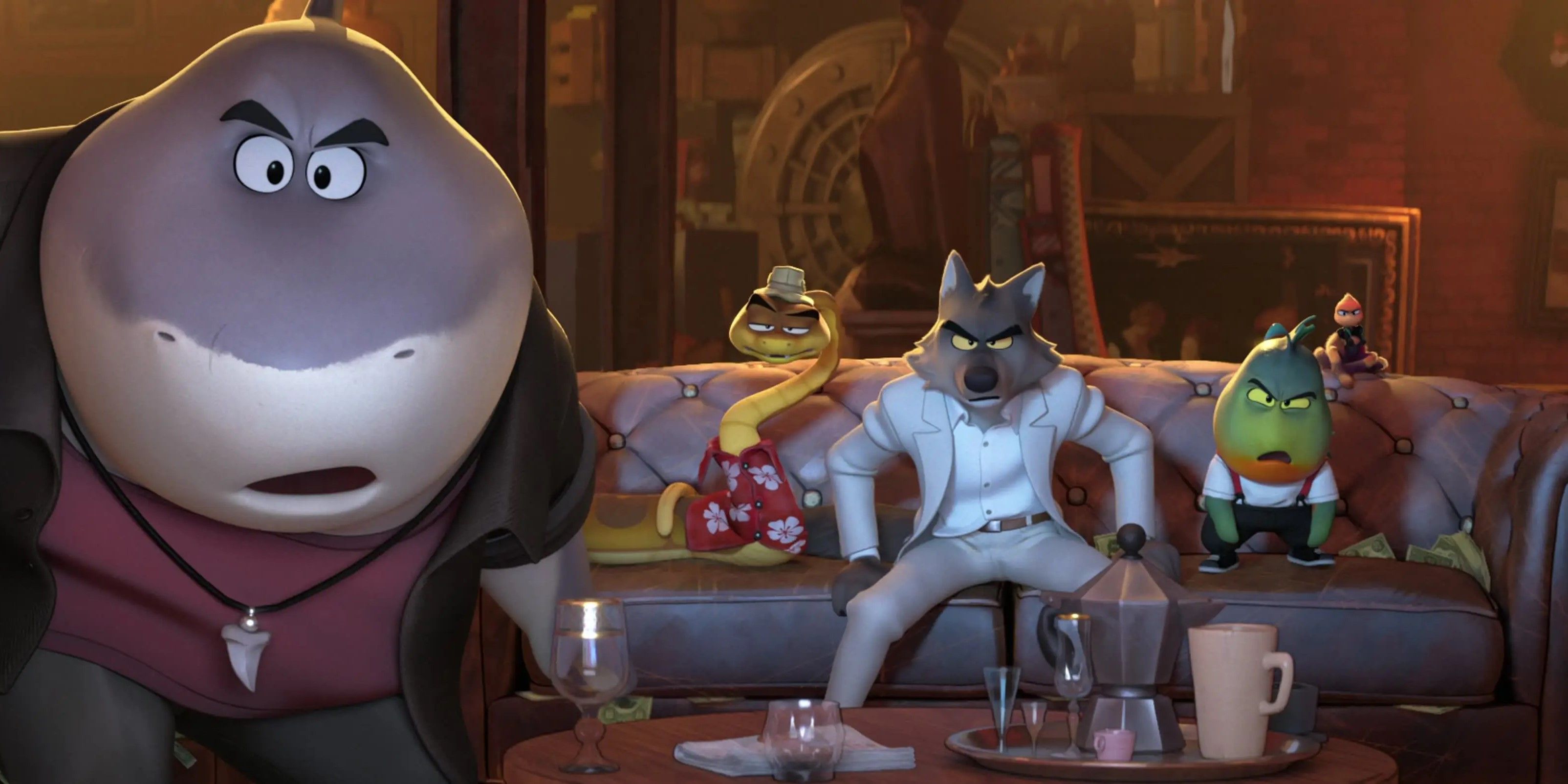 The bad Guys on a couch looking angry in The Bad guys
