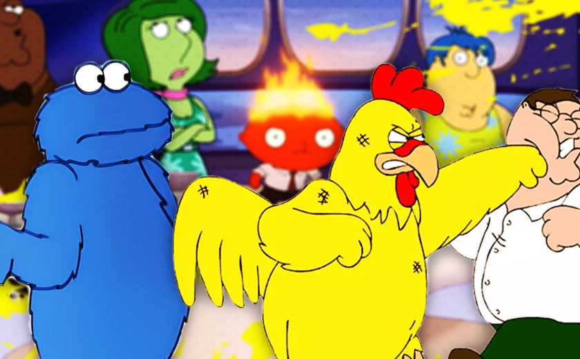 The Chicken From Family Guy Punching Peter Next to the Cookie Monster and the Cast as Inside Out Characters