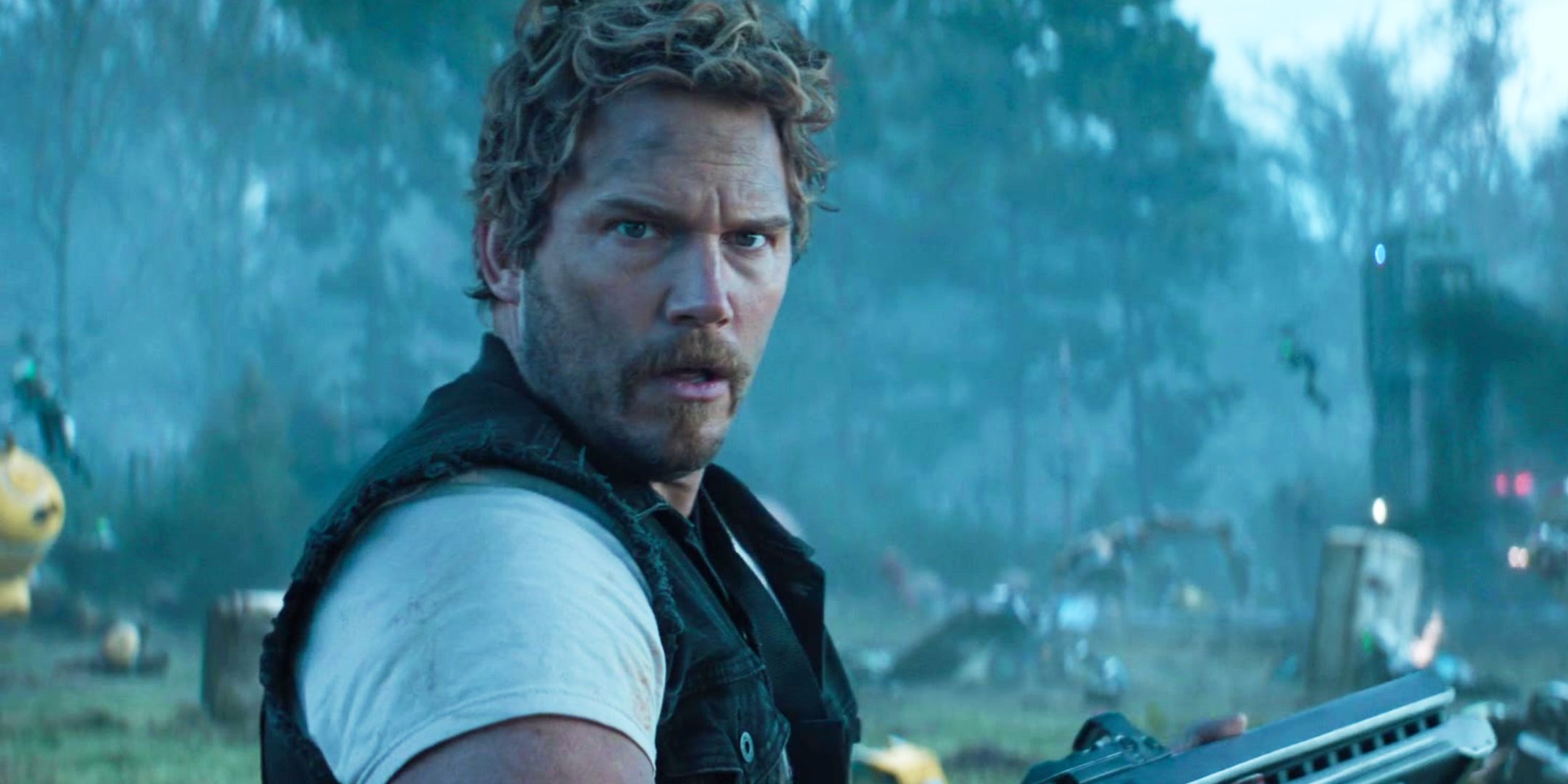 Chris Pratt looking surprised in the middle of a battle in The Electric State