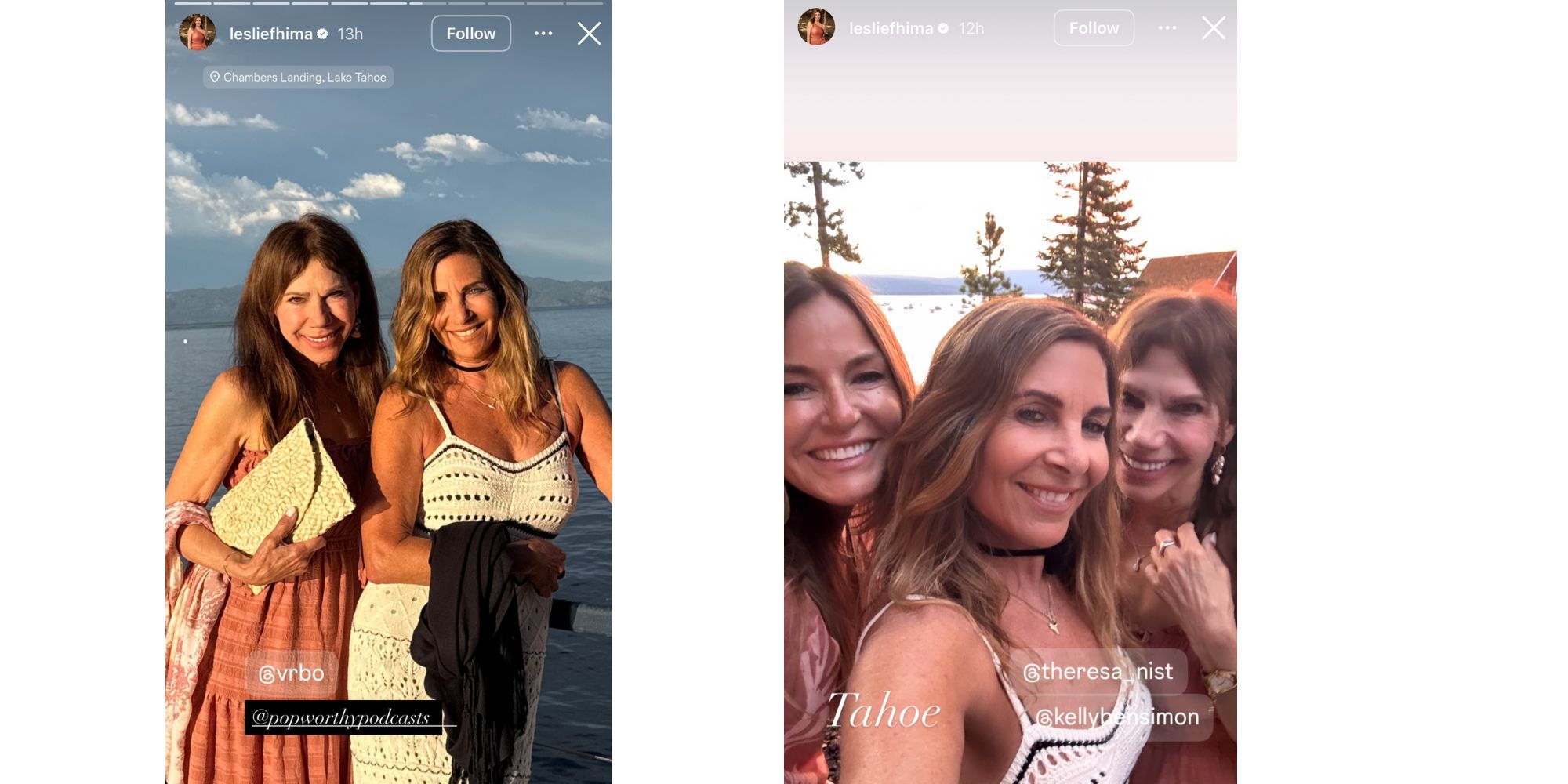 The Golden Bachelor Theresa Nist and Leslie Fhima in 2 Instagram Stories posing and smiling
