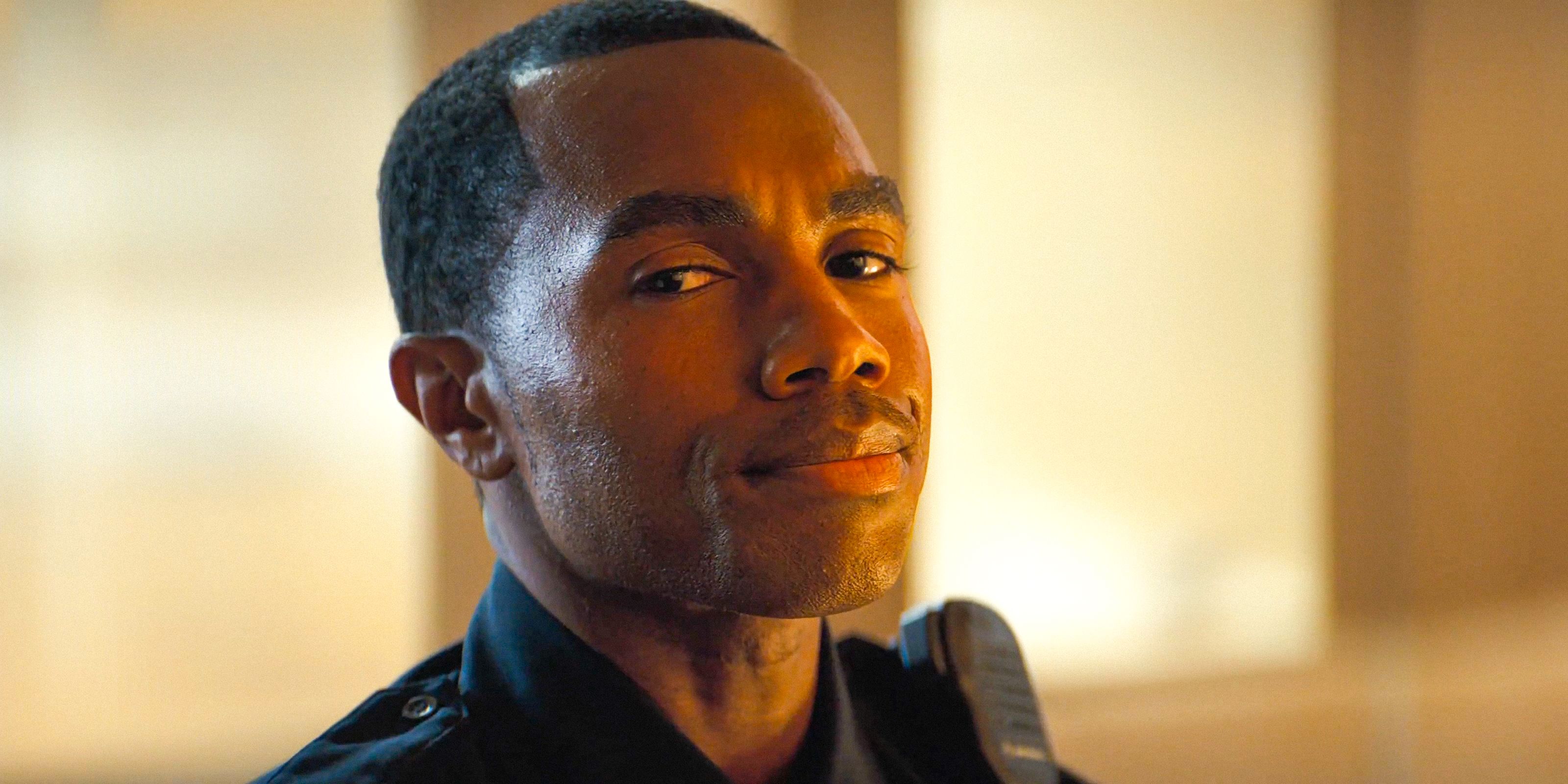 Young Police Officer (Moses Jones) with a confident look in The Naked Gun (2025)