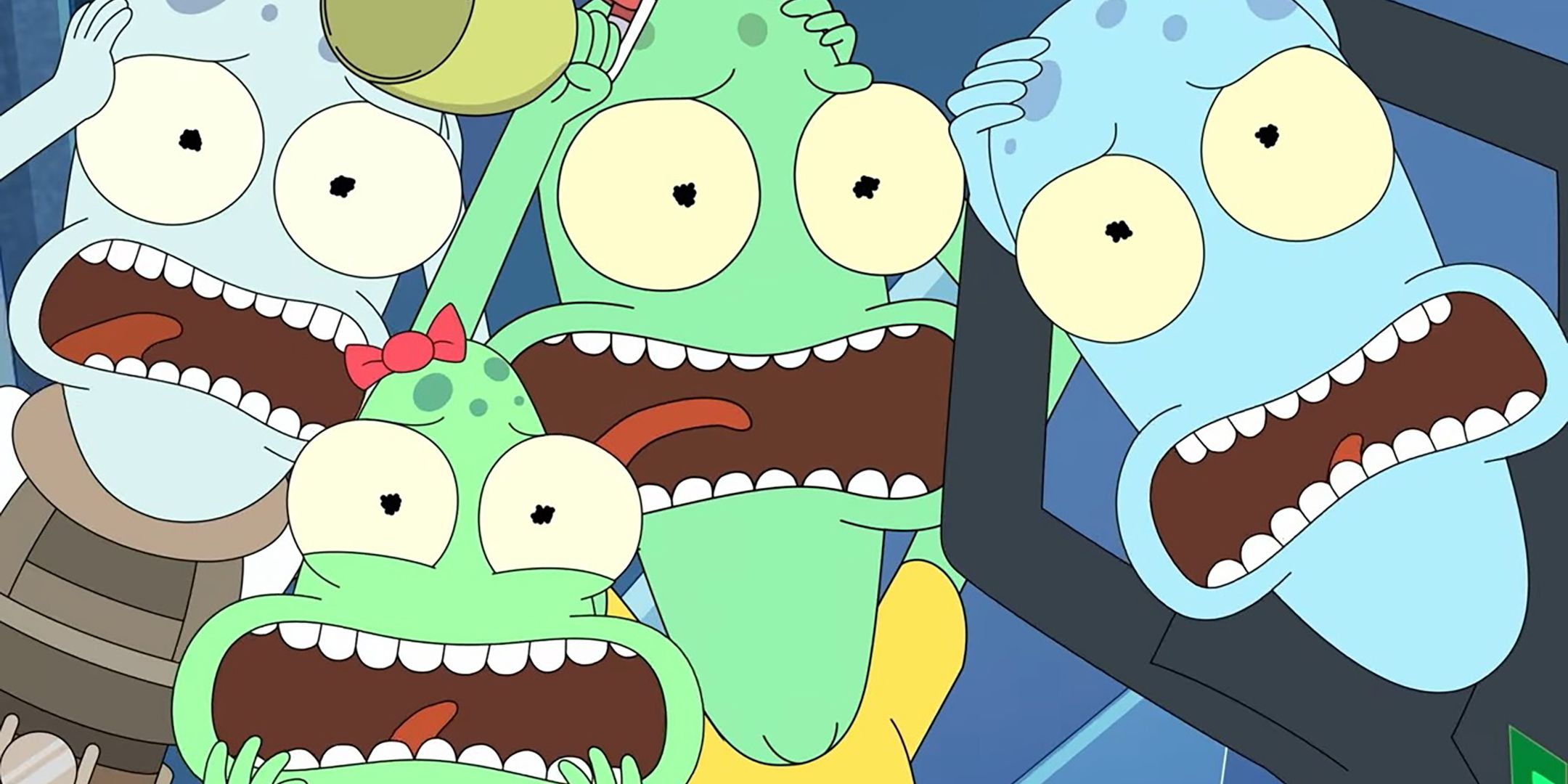 The Solars all screaming in terror at the camera in Solar Opposites season 6