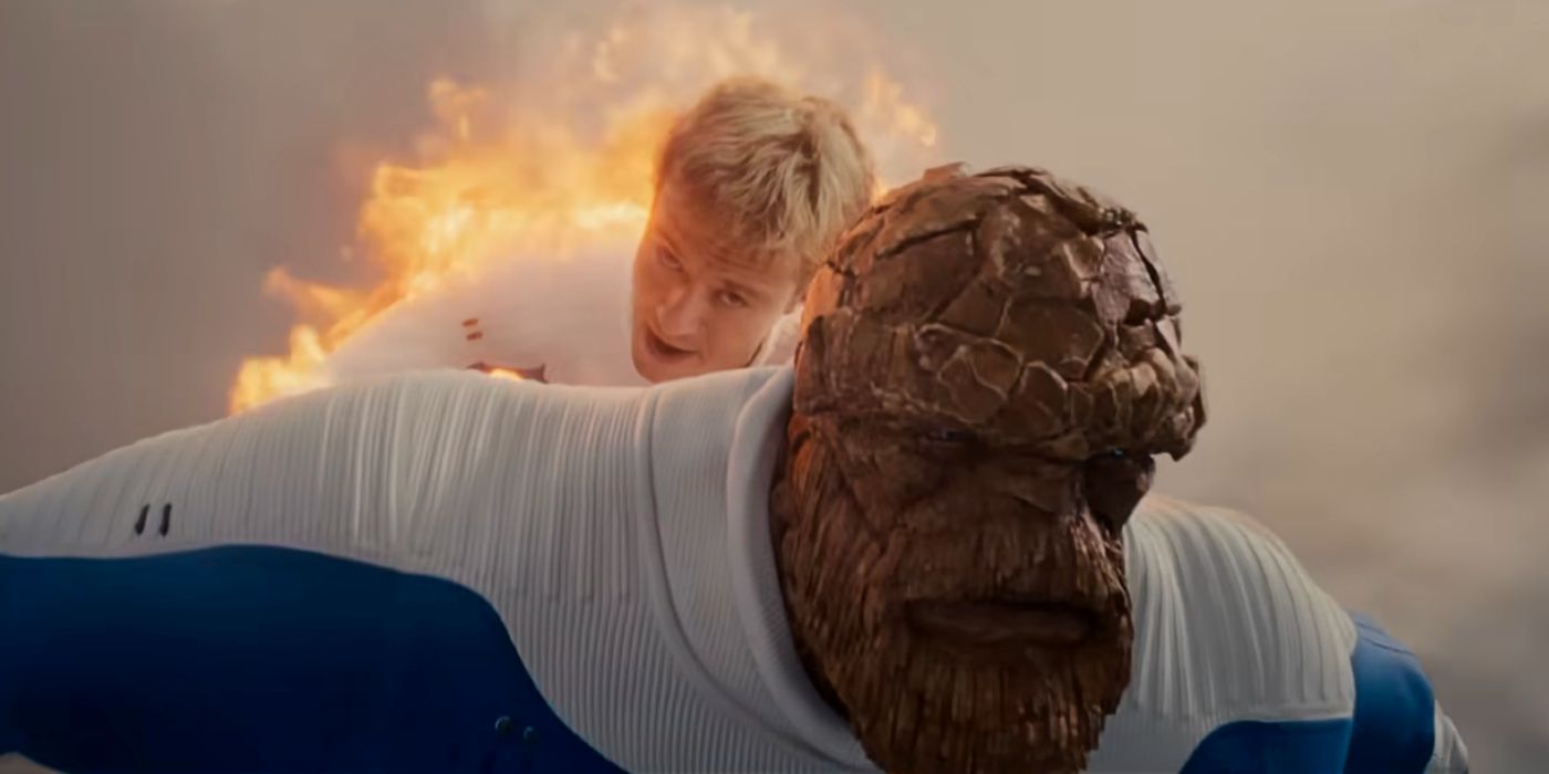 The Thing with a beard and Johnny Storm flying behind him in the MCU Fantastic Four movie