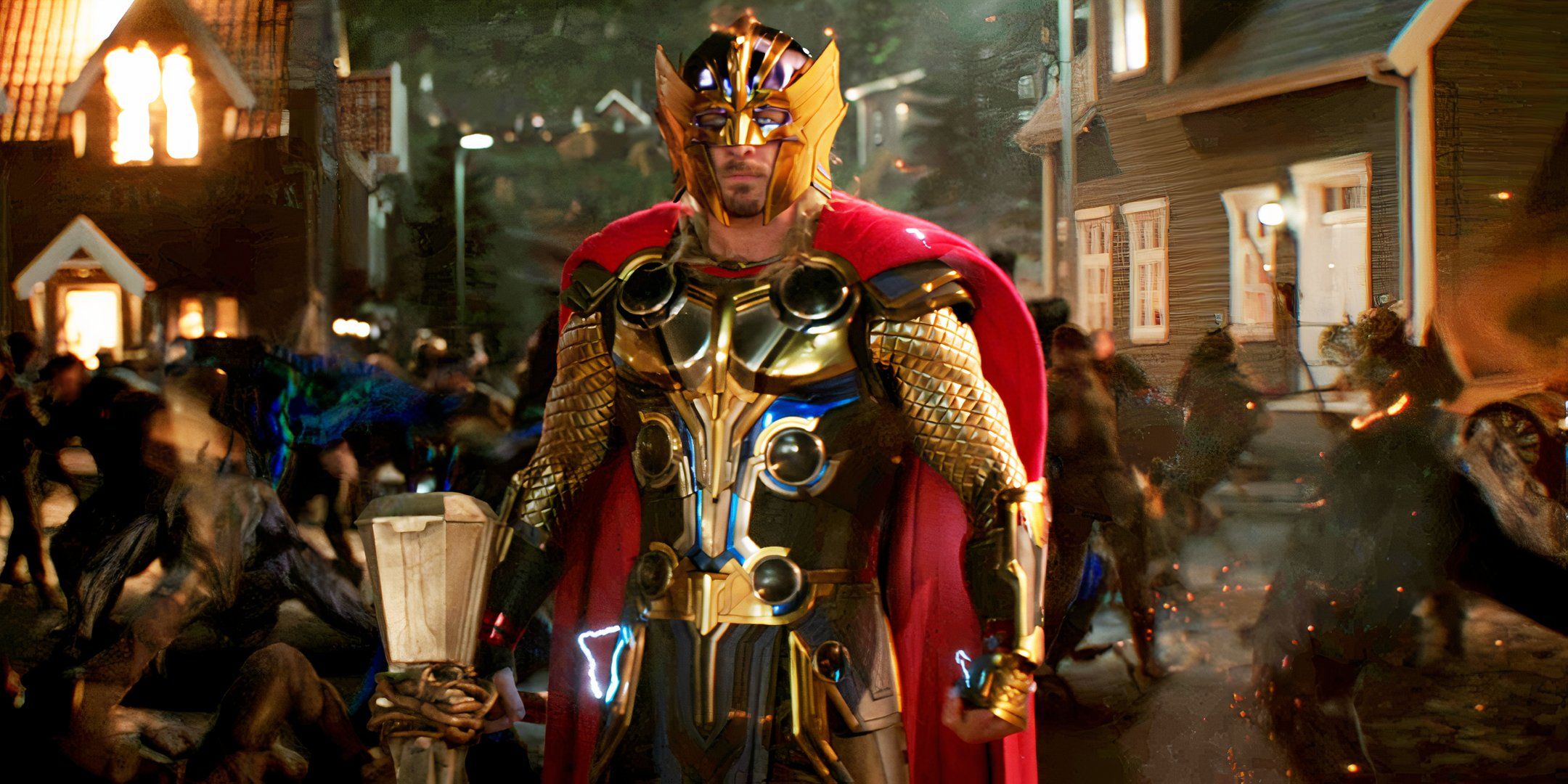 Thor summons his blue and gold outfit in Thor Love and Thunder