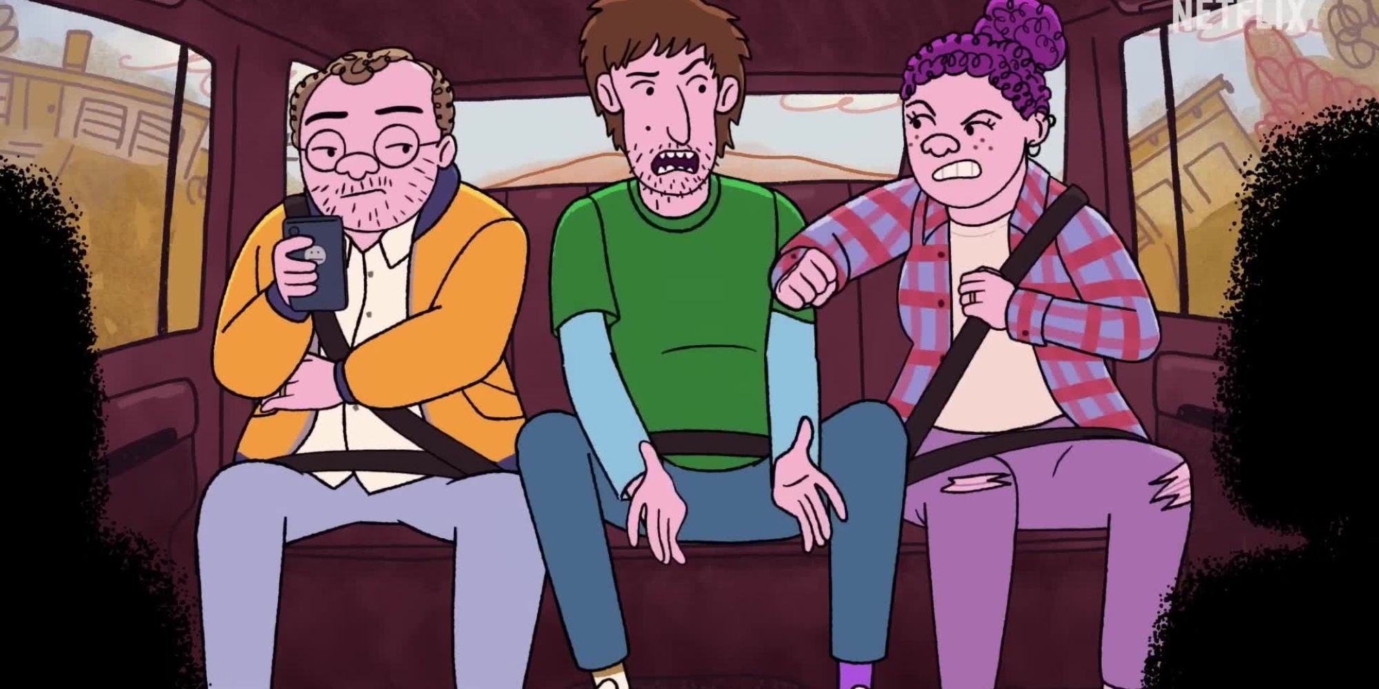 Three characters sitting in a car in Long Story Short