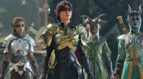 Three player characters and Lae'zel glare at an enemy in Baldur's Gate 3.