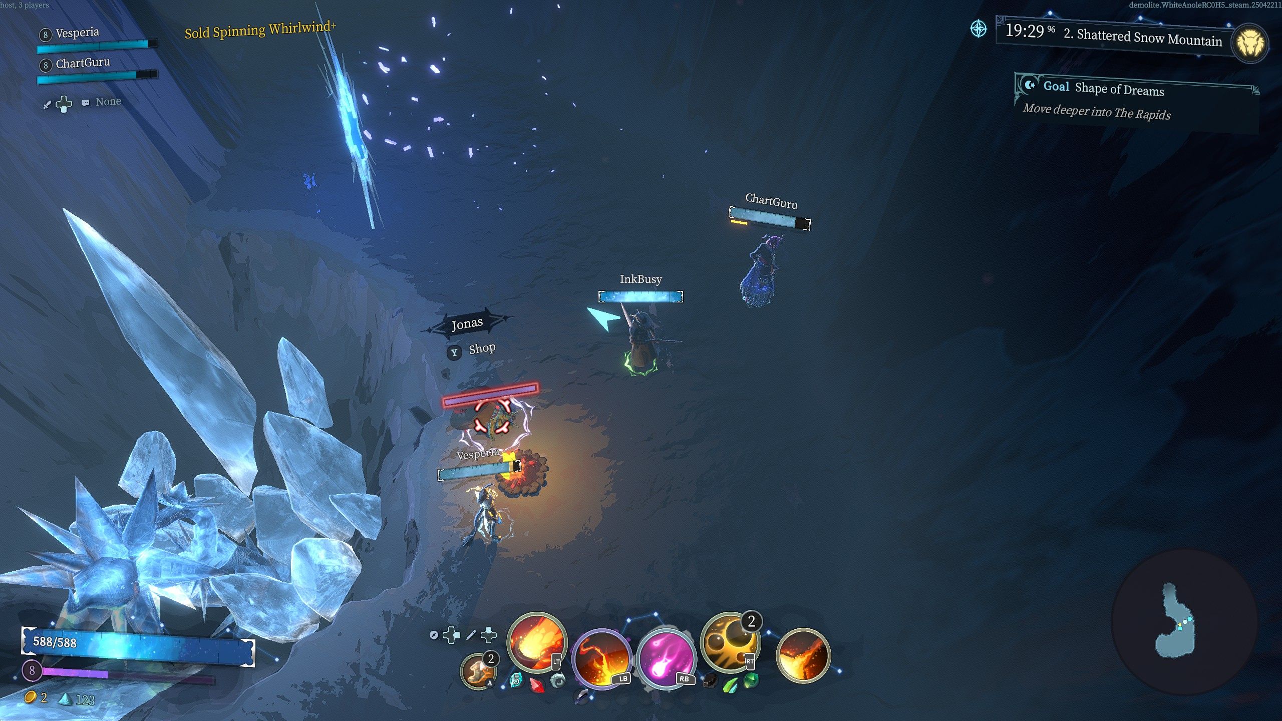 Three players approach Jonas the crab merchant next to a crystal outcropping in Shape of Dreams