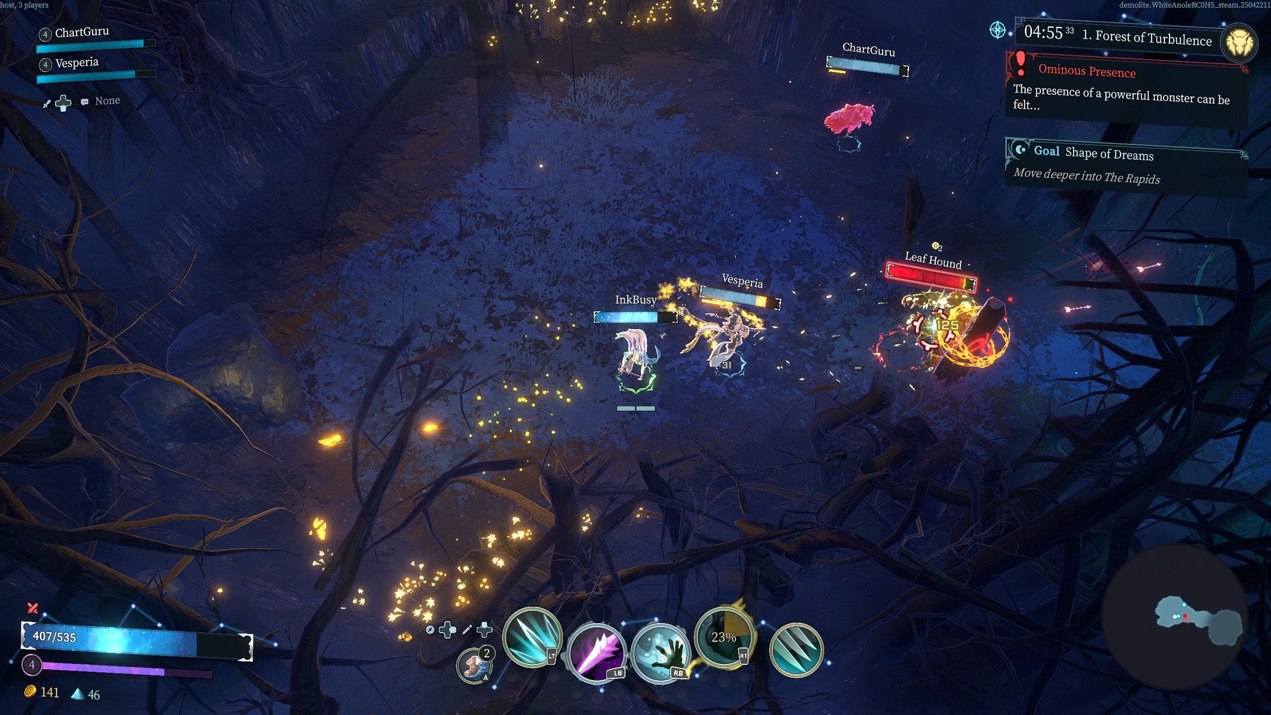Three players fight a Leaf Hound elite variant enemy in a forest biome in Shape of Dreams