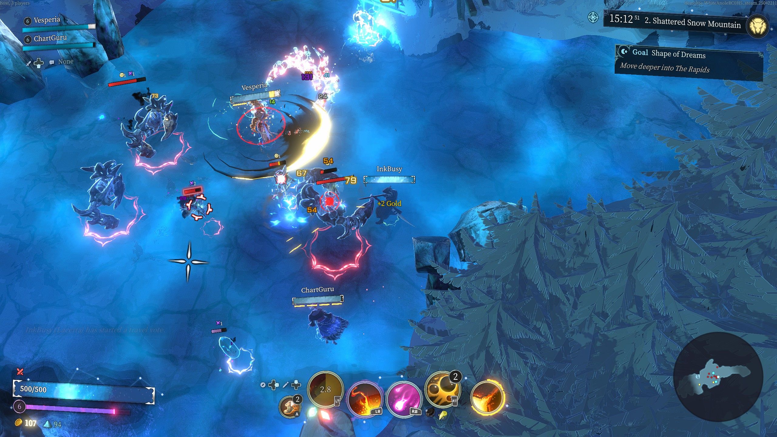Three players fighting a group of enemies in the second region of Shape of Dreams