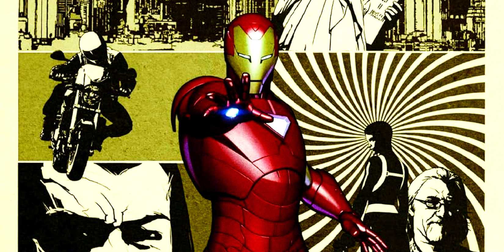 Tony Stark stands in front of comic book panels in Iron Man Director of SHIELD