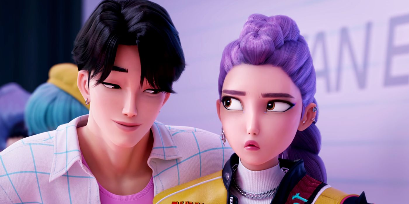 Two characters looking at each other during a signing in Kpop Demon Hunters