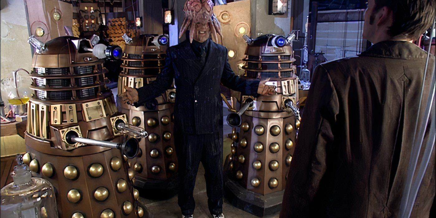 Human Sec and the rest of the Cult Of Skaro talking to the Tenth Doctor in a lab in Doctor Who season 3.