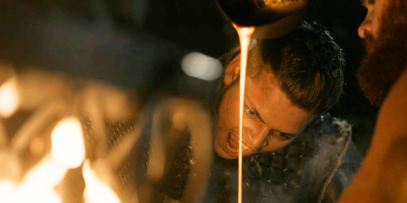 Ivar pouring molten gold into a priest's mouth in Vikings