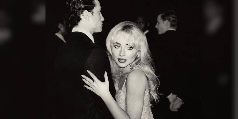 Sabrina Carpenter clutching a man's arm for the alternate album cover of her upcoming album "Man's Beat Friend"