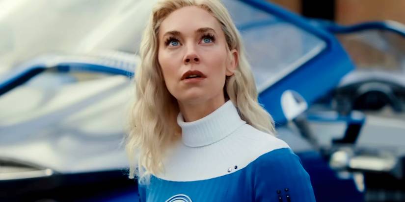 Vanessa Kirby as Sue Storm looking upward in awe in The Fantastic Four First Steps