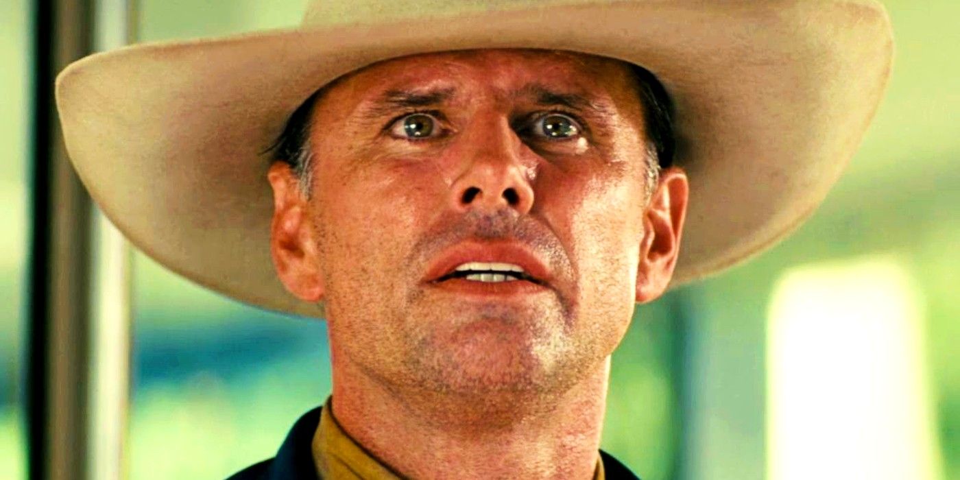 Walton Goggins as Cooper in Fallout wearing a cowboy hat and looking nervous