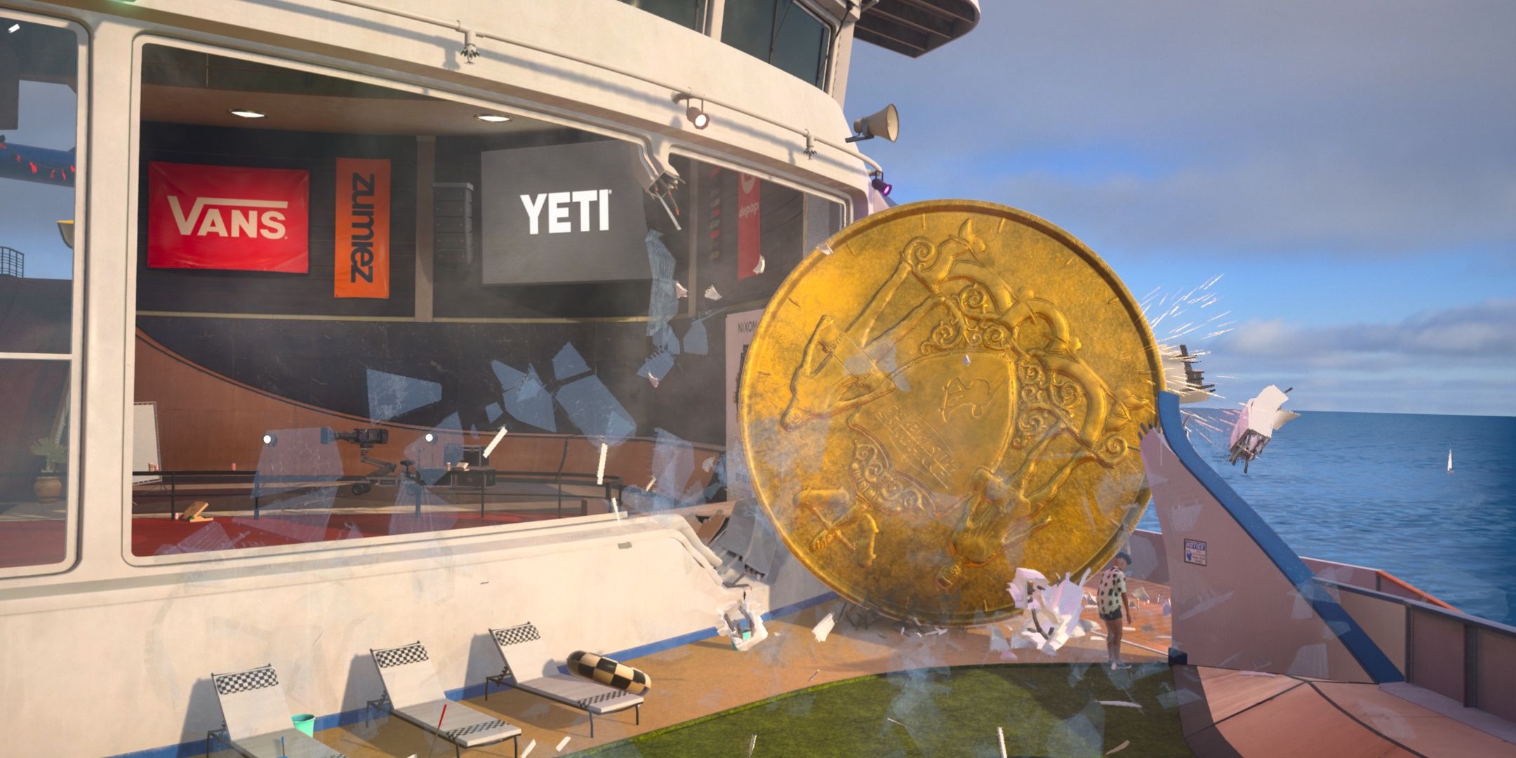 A huge coin destroying the side of a cruise ship in Tony Hawk's Pro Skater 3 + 4.