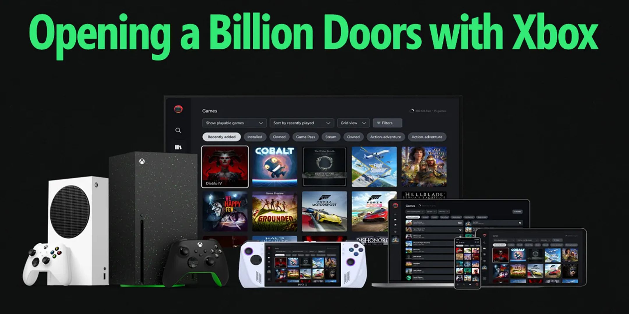 An image from Xbox showcasing a number of different games, including a tab that says Steam.