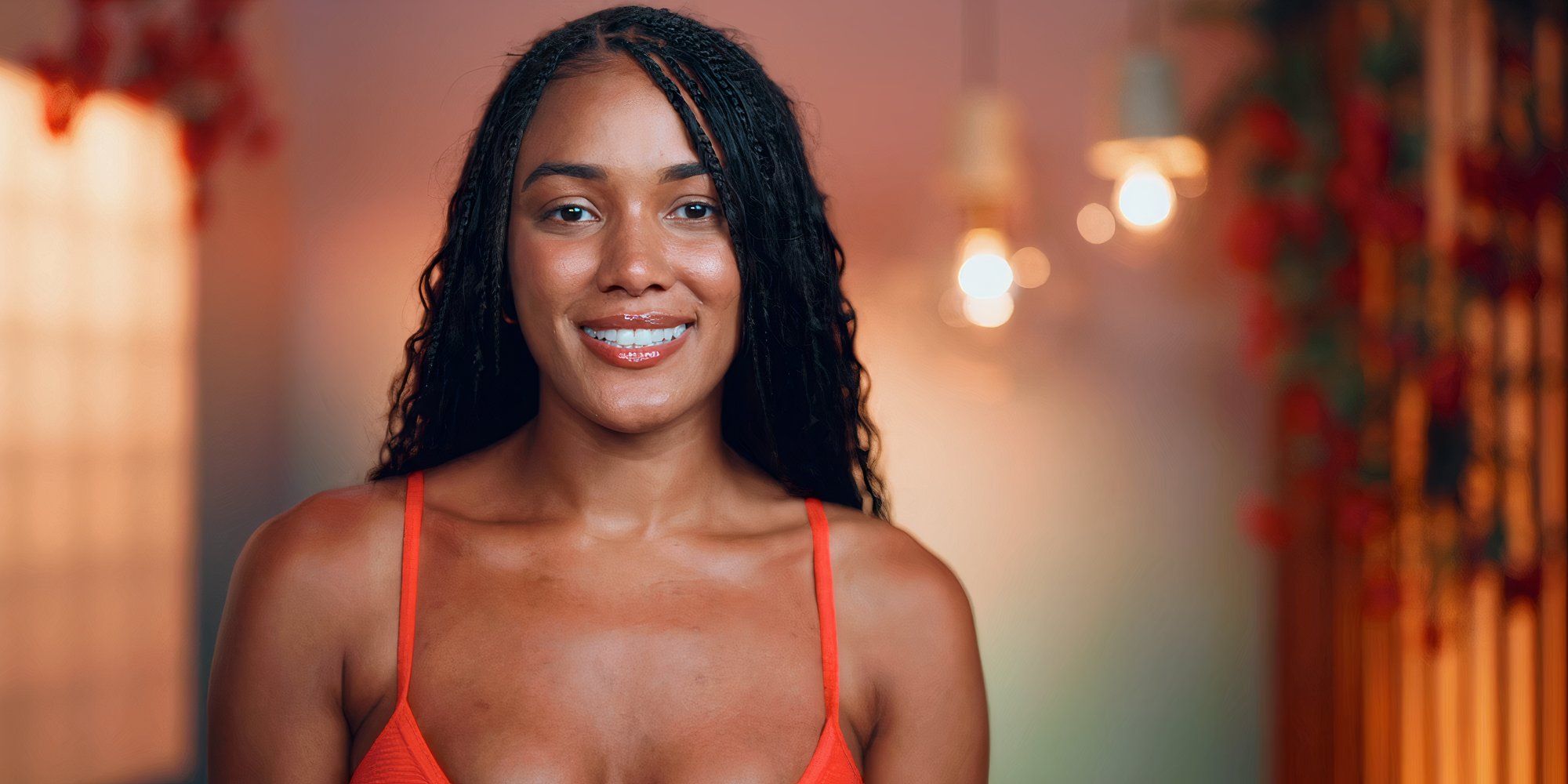 Zoe McGrady smiles at the camera while wearing an orange bathing suit top during a confessional on Bachelor In Paradise season 10