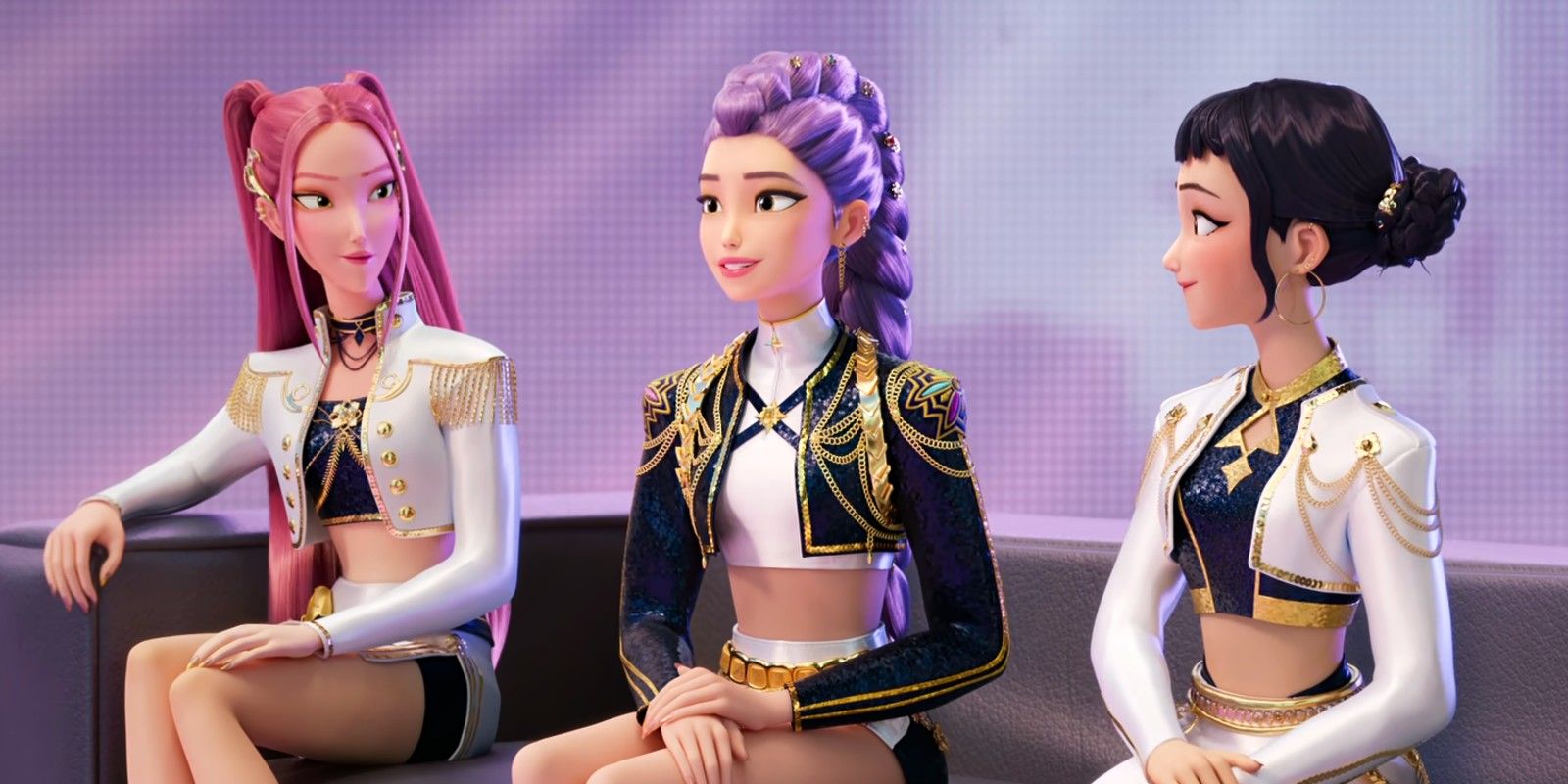 Zoey, Mira and Rumi doing an interview in Kpop Demon Hunters