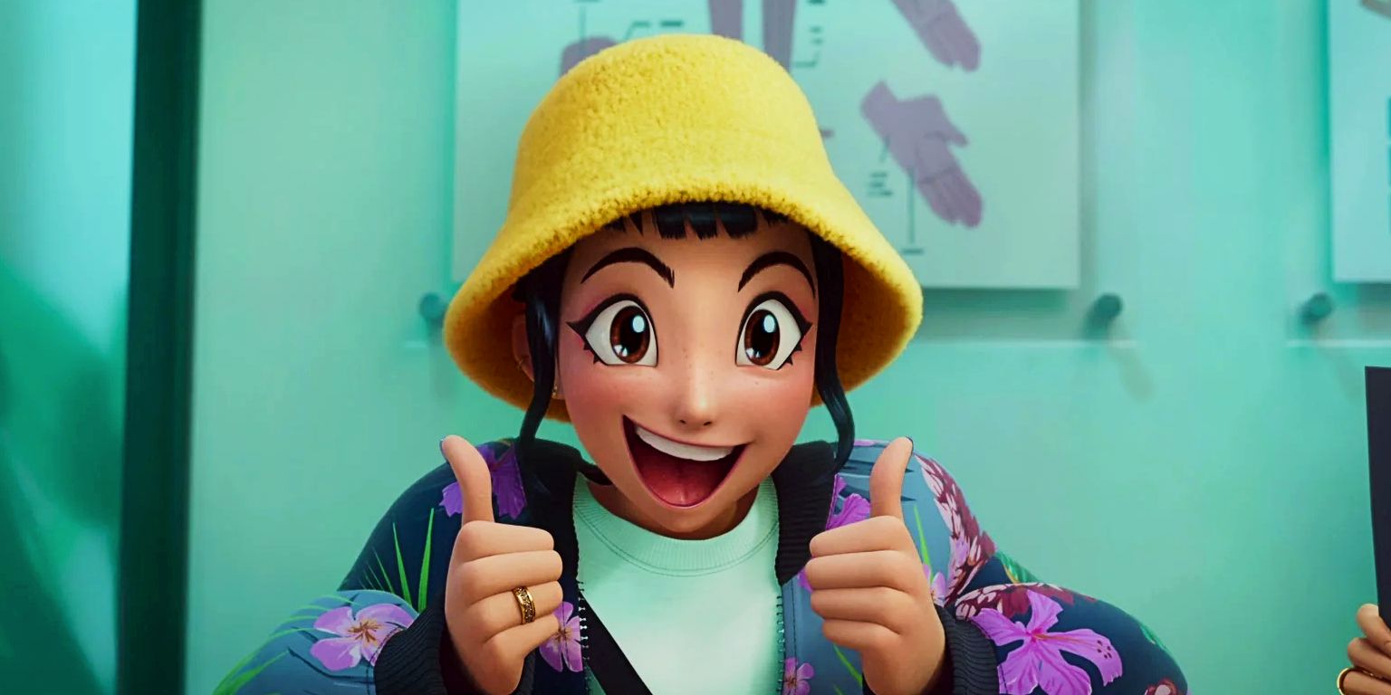 Zoey smiling widely and giving two thumbs up in KPop Demon Hunters