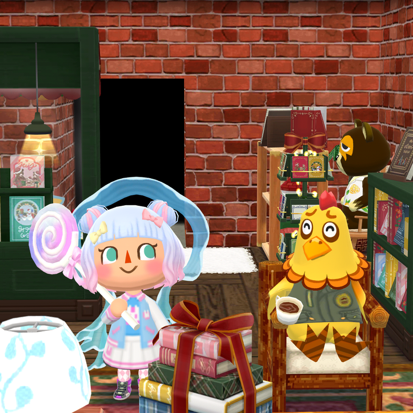Animal Crossing: Pocket Camp character standing next to eggbert in a bookstore themed cabin
