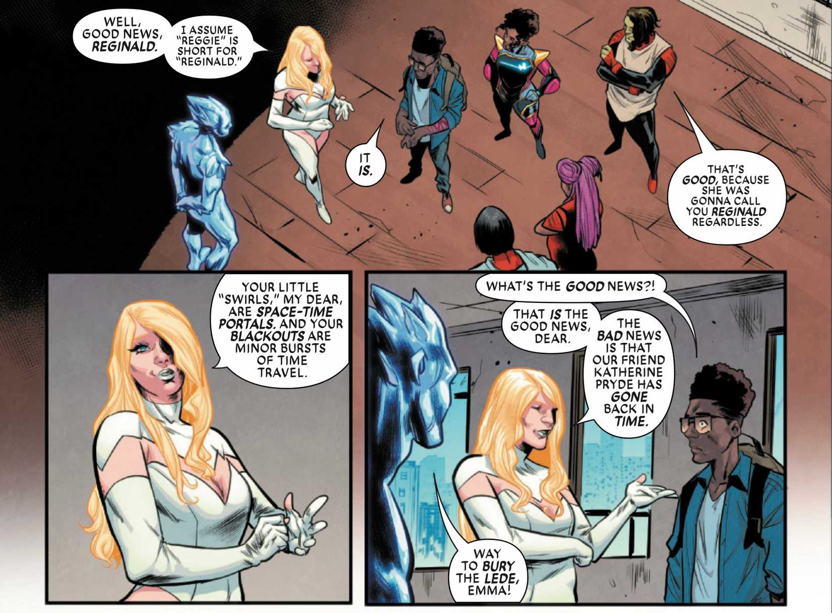 Exceptional X-Men #12 by Ewing and Mancin - Emma Frost reveals and explains Reggie’s powers