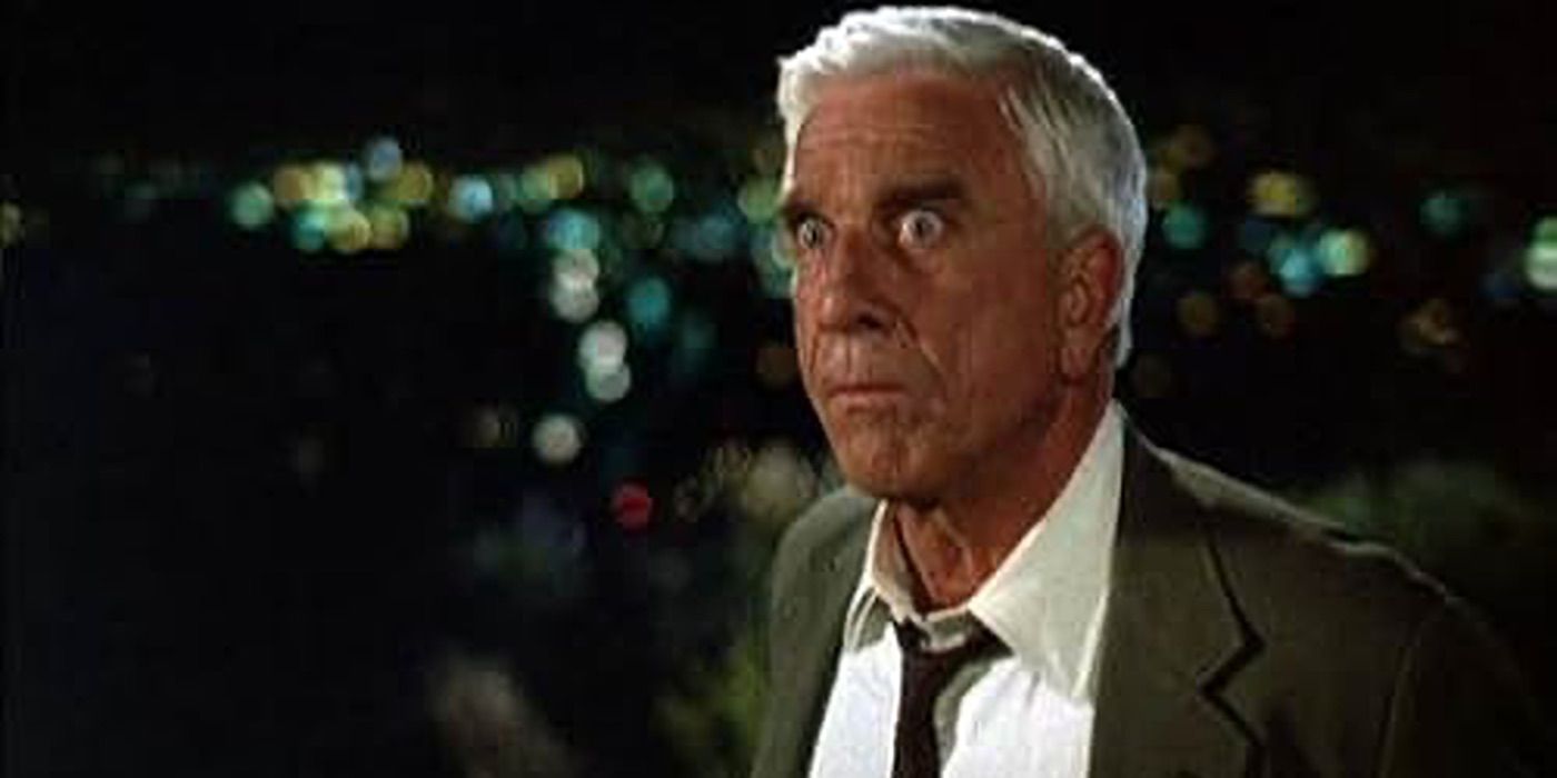 Leslie Nielsen looking confused in The Naked Gun