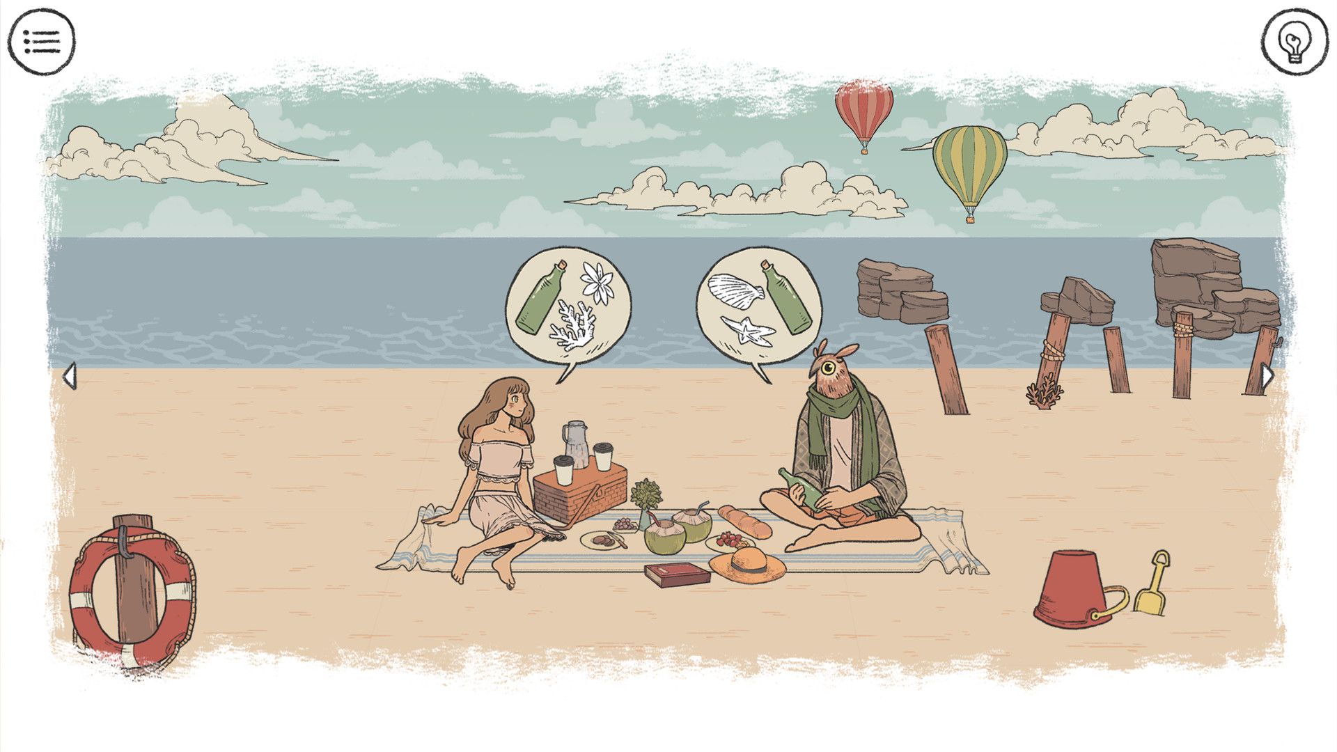 A girl and a man with an owl's head sitting on a blanket at the beach in when the past was around