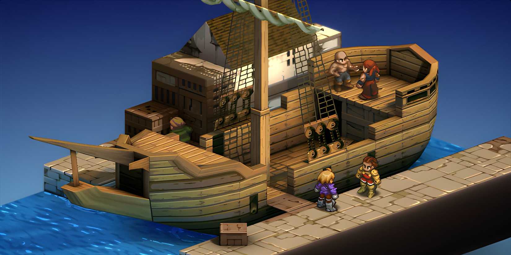 A group of character sprites next to a wooden ship on the water in Final Fantasy Tactics.