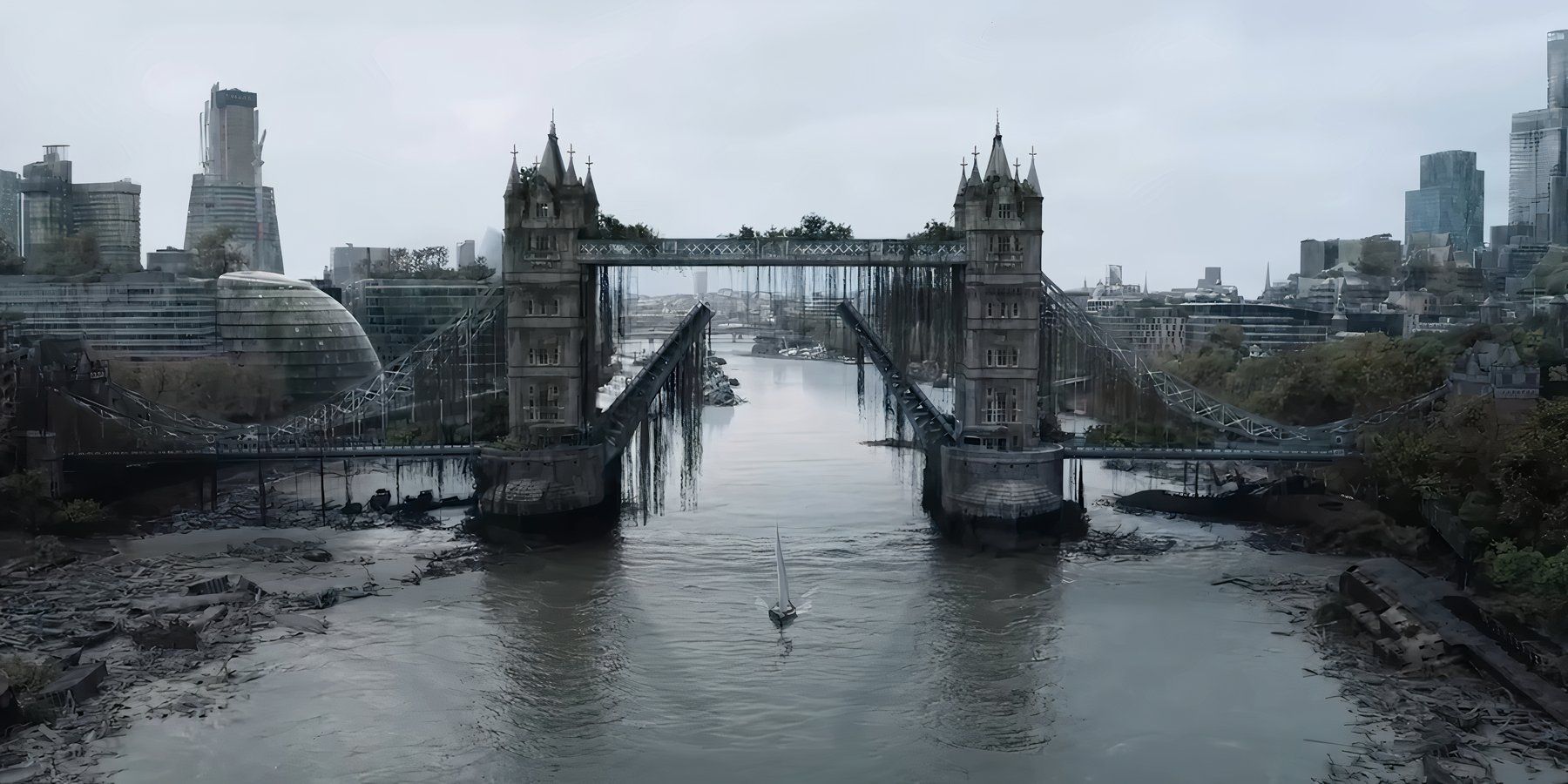 A boat sailing between a landmark in a run down looking England in The Walking Dead: Daryl Dixon season 3