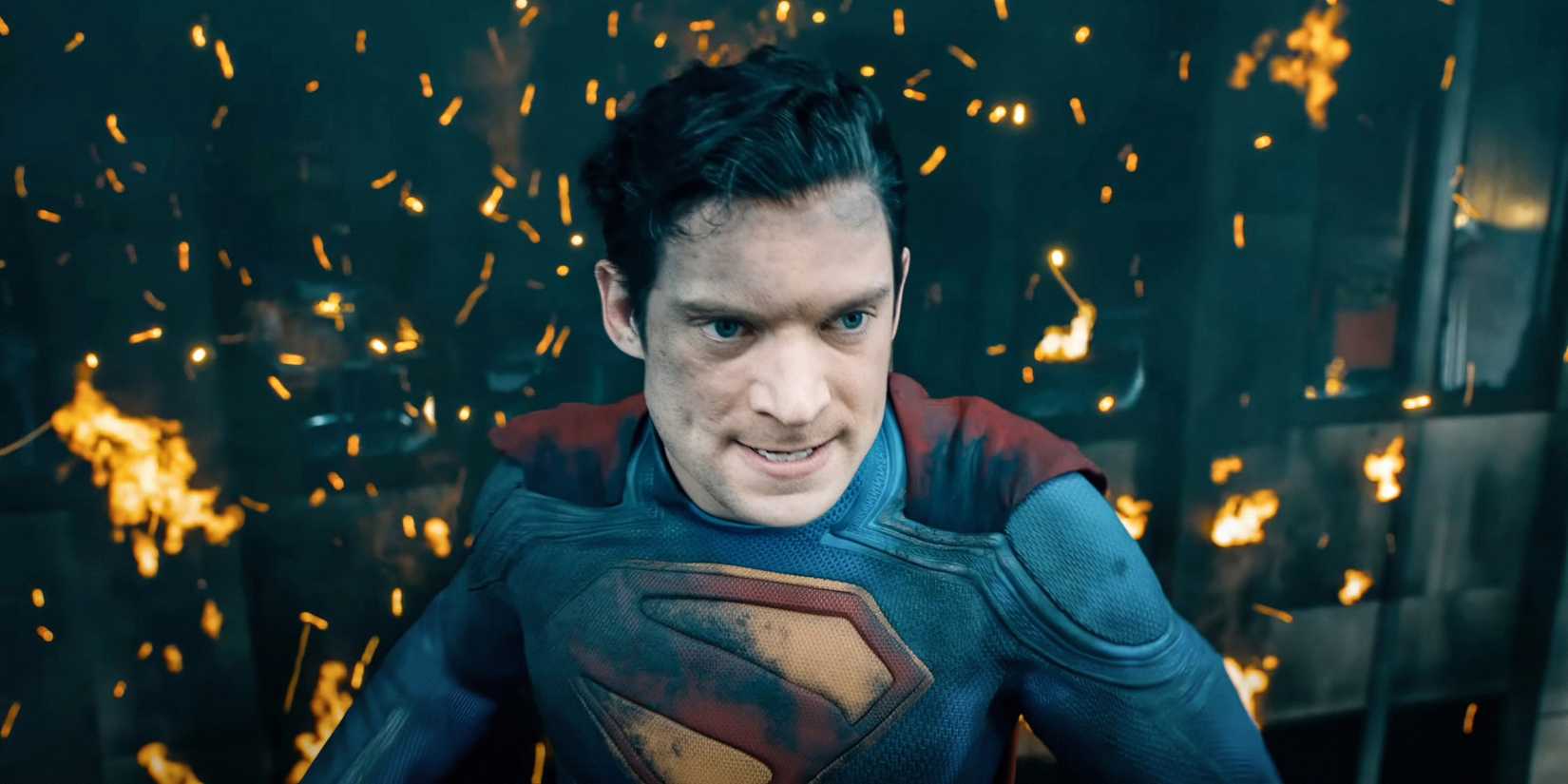 David Corenswet's Superman with flames around him