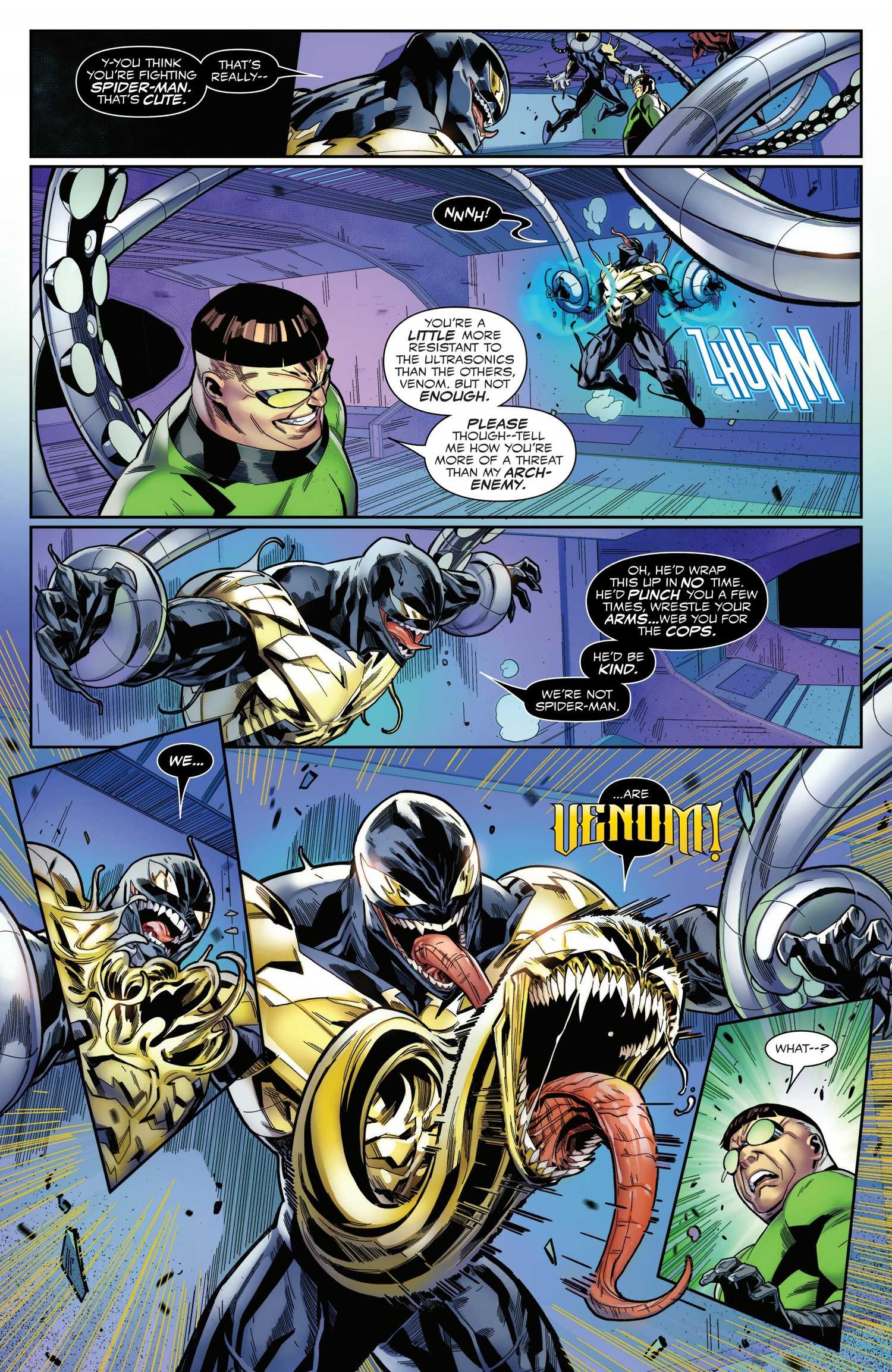 All-New Venom using chestburster symbiote power as it slithers from his chest to attack Doc Ock