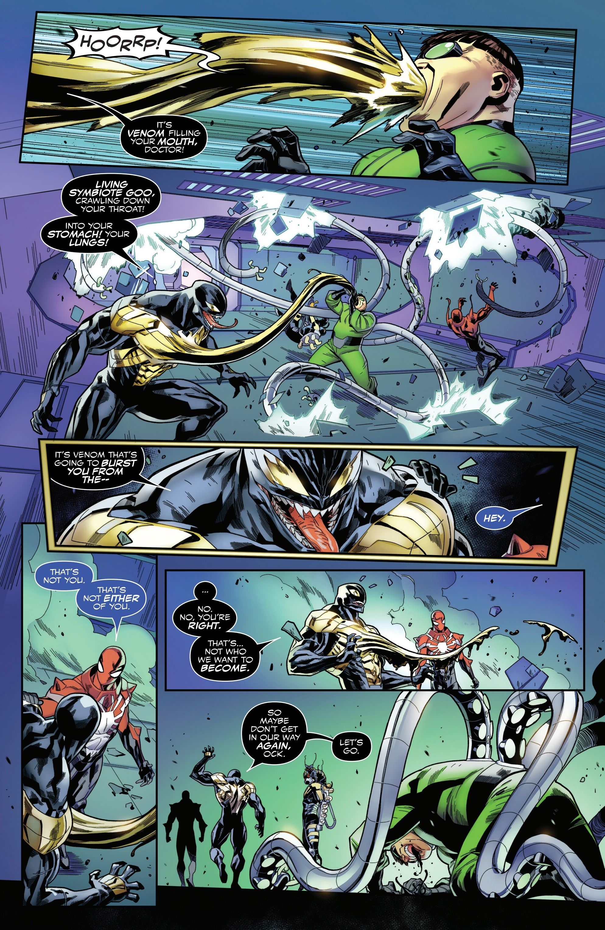 Venom attacca Doctor Octopus con la testa del symbiote emergente