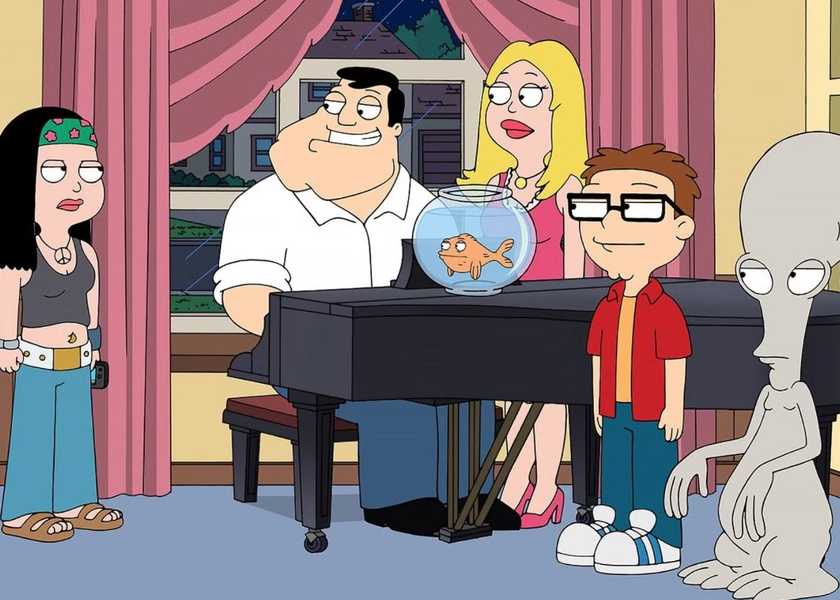 American Dad characters standing around piano