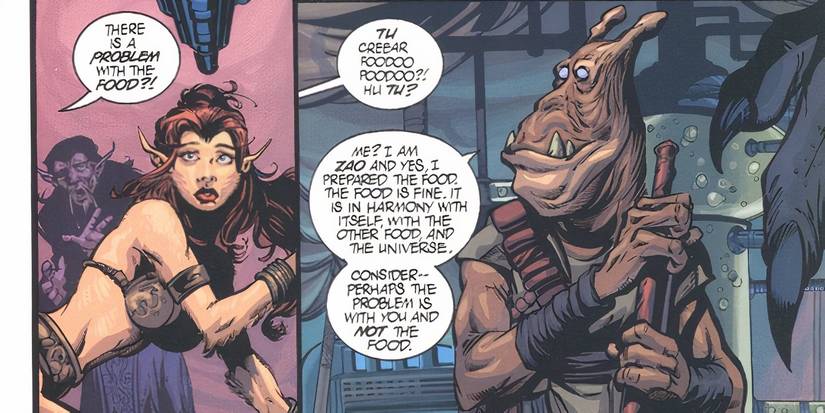 An alien woman looking at Jedi Master Zao cooking in a kitchen.