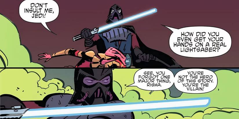 Anakin Skywalker wearing a prototype Darth Vader suit wielding his lightsaber.