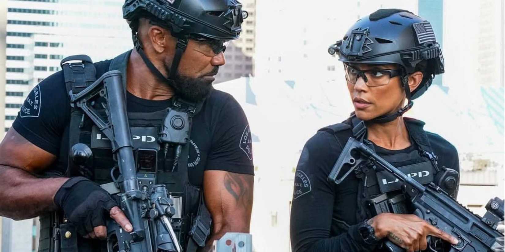 Annie Ilonzeh & Shemar Moore in SWAT season 8 with gear and black uniform