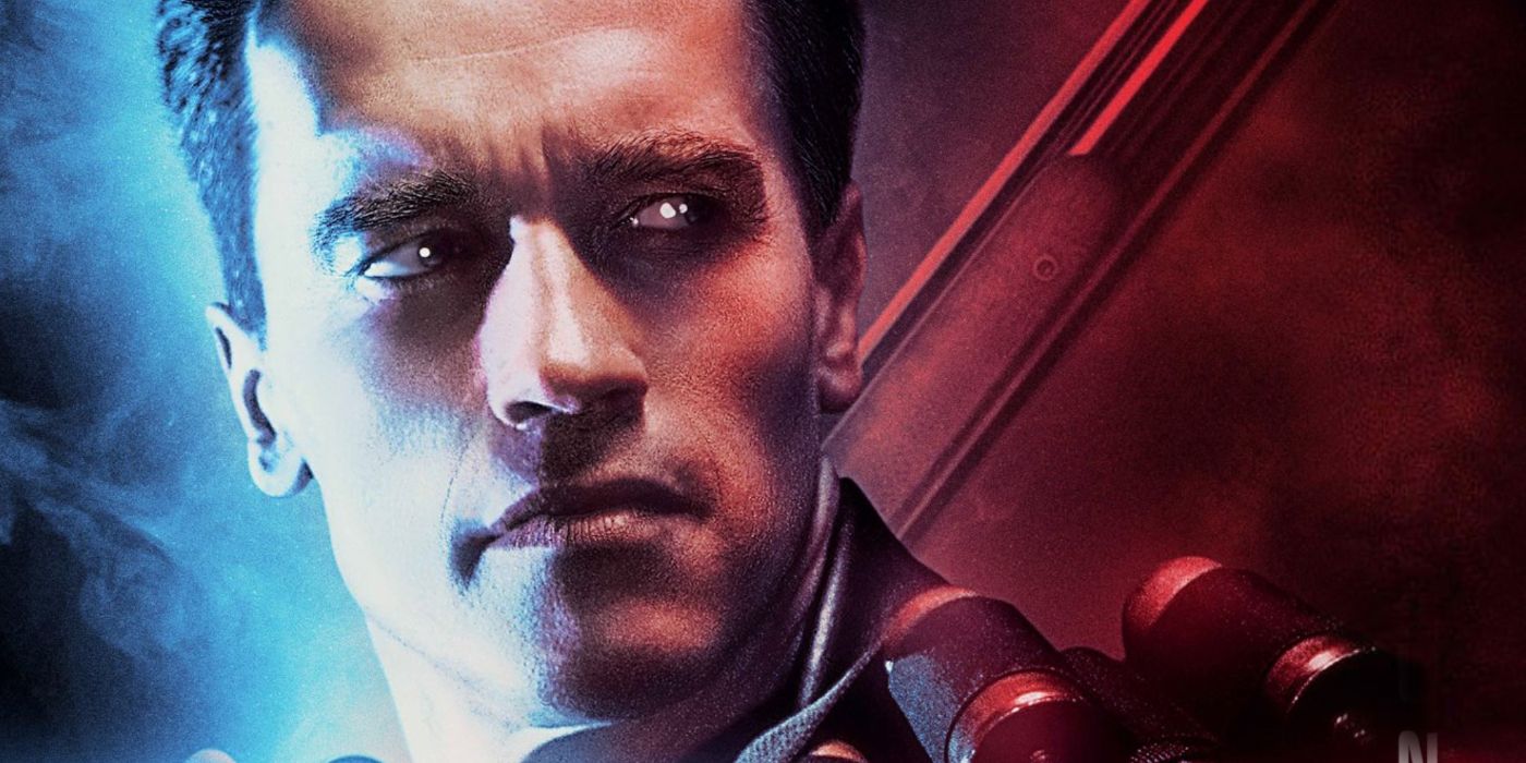 Arnold Schwarzenegger's T-800 looks to the side in Terminator T2 Judgment Day