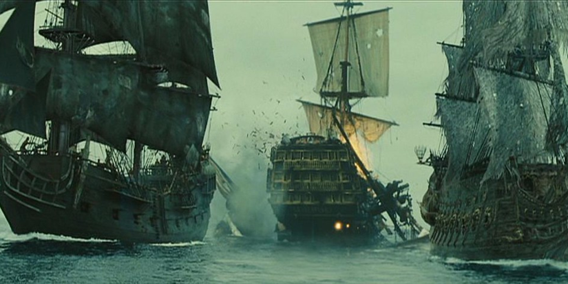 The Flying Dutchman and the Black Pearl tag team Beckett's ship in Pirates of the Caribbean: At World's End