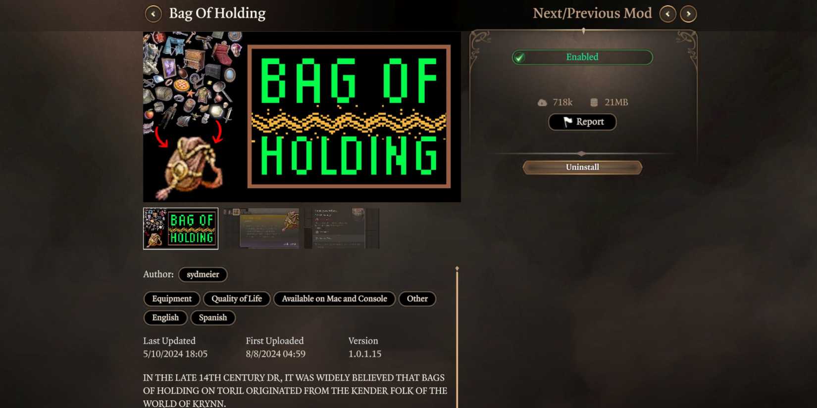 Baldur's Gate 3 Bag Of Holding Mod In the Manager
