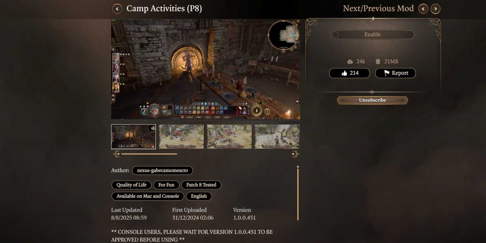 Baldur's Gate 3 Camp Activities (P8) Mod In the Manager