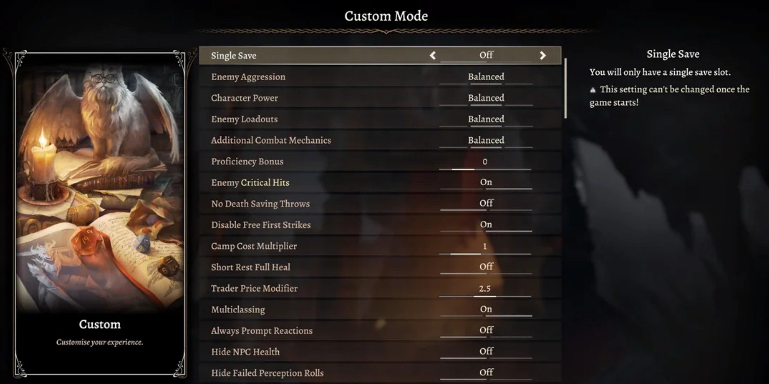 Baldur's Gate 3 Custom Mode Options