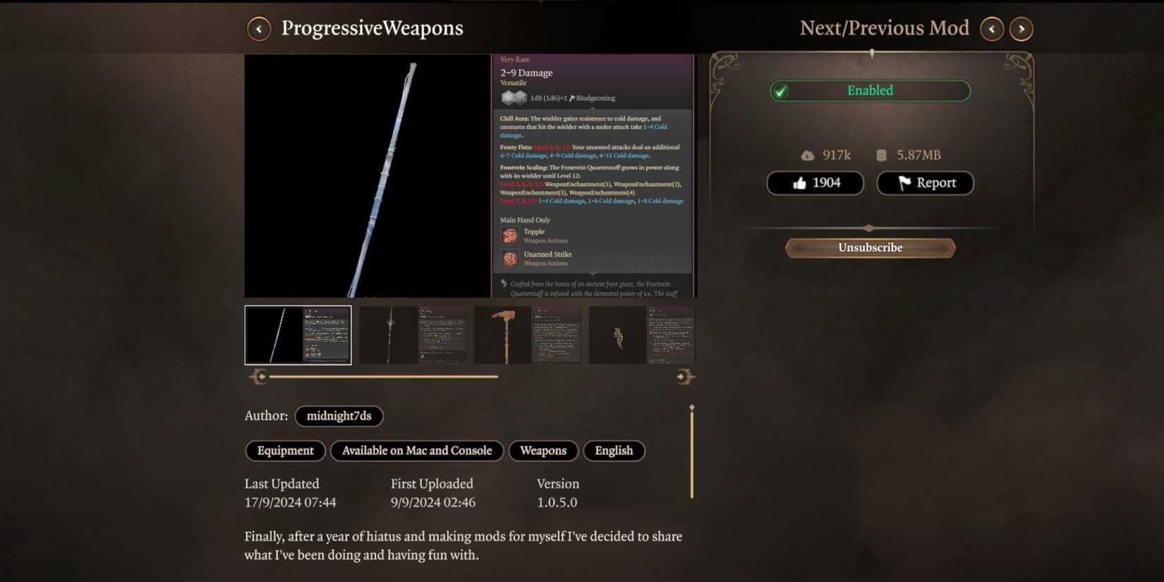 Baldur's Gate 3 Progressive Weapons Mod In the Manager
